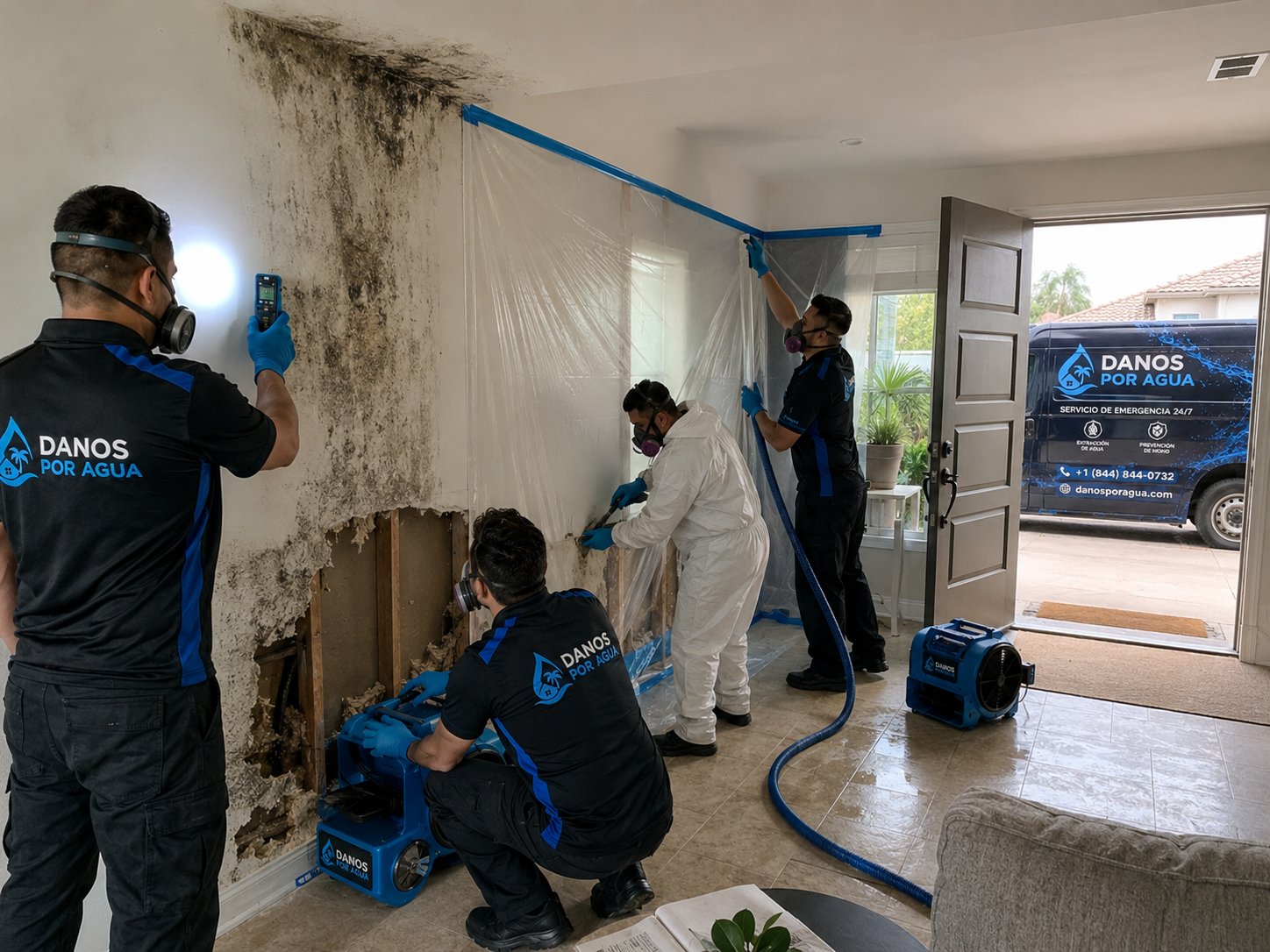 Equipo de Daños Por Agua realizando remediación de moho con equipo de protección